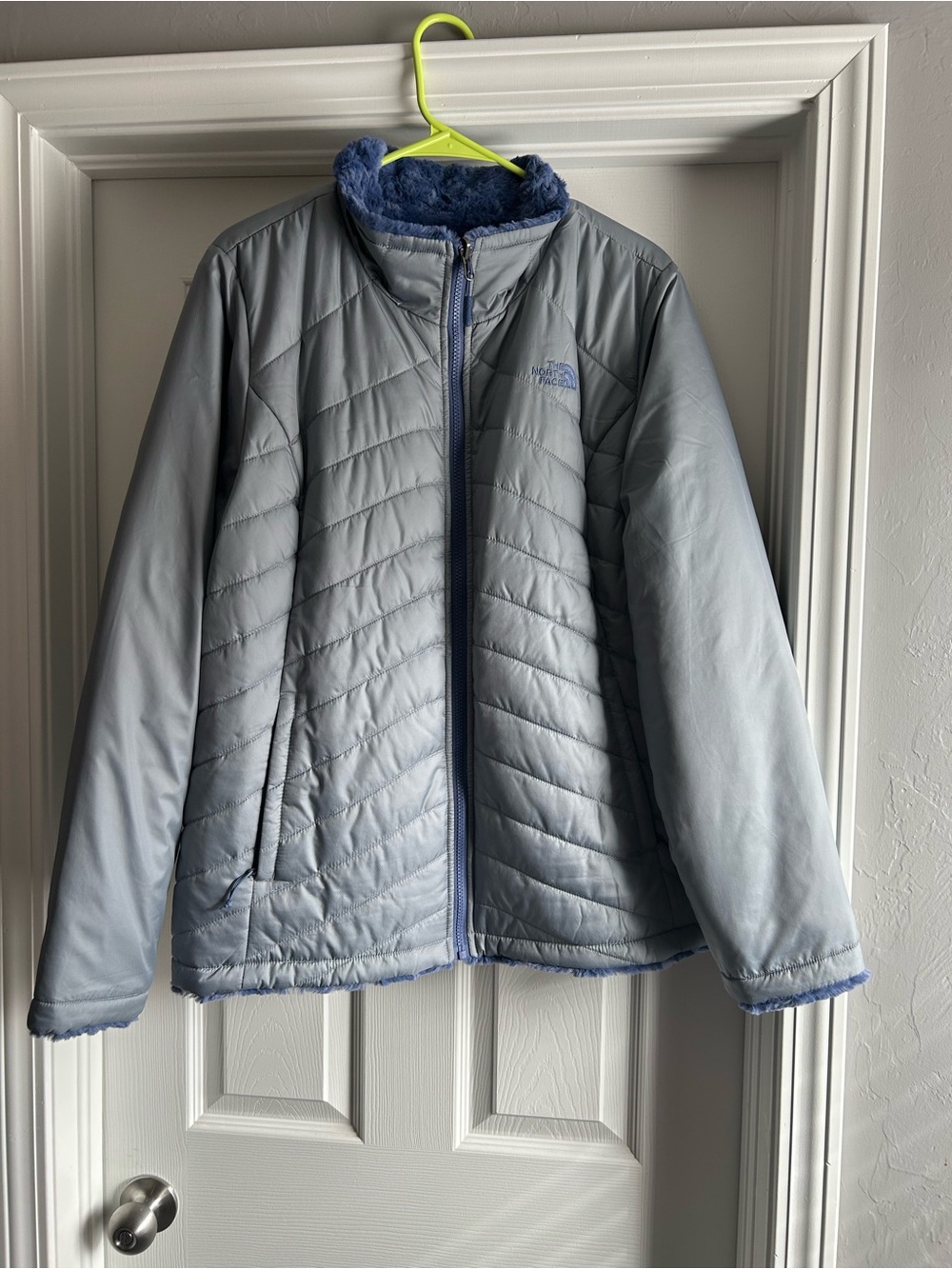 The North Face Light Gray Reversible Puffer Jacket with Blue Faux-Fur interior